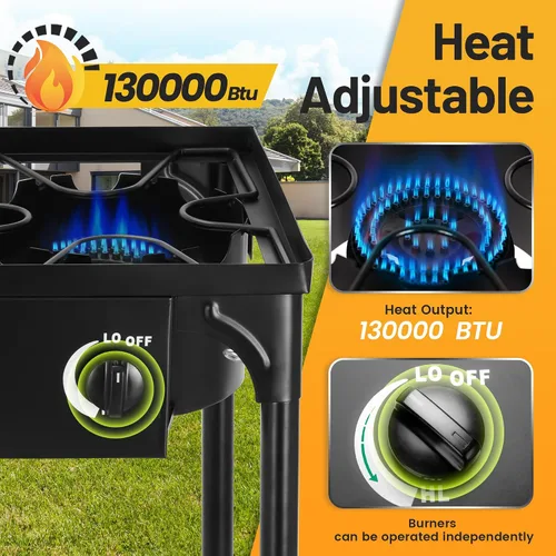 Vista 2 de Estufa de Camping al Aire Libre FSUON, 130000 BTU, Quemador de Alta Presión Individual, Cocina de Gas Propano con Patas Desmontables, Regulador