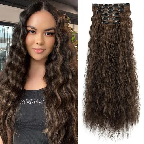 Vista 9 de Flufymooz - Extensiones de cabello con clip, 6 unidades, extensiones de cabello largas con ondas de sirena, sintético, postizo para mujer, 24 Marrón