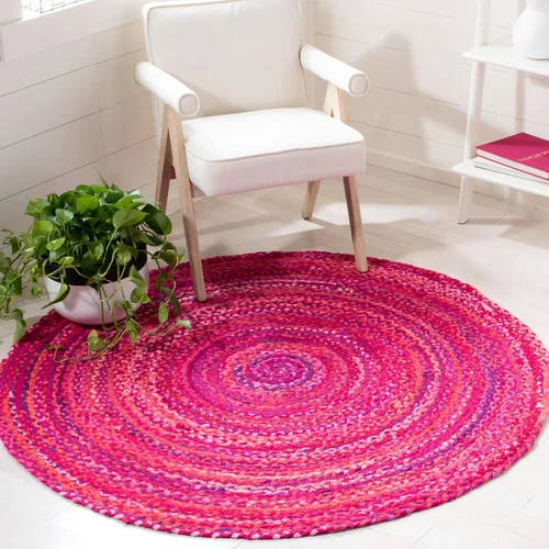 Vista 10 de SAFAVIEH Alfombra trenzada de la colección – Alfombra redonda de 3 pies, color beige con detalles rosados, algodón hecho a mano, estilo cabaña