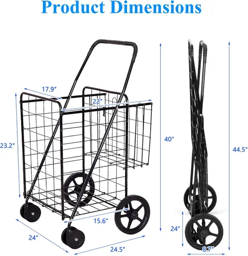 Vista 4 de Carrito de compras de comestibles, carrito plegable y resistente con ruedas giratorias de 360° y cesta adicional, carrito ligero para equipaje