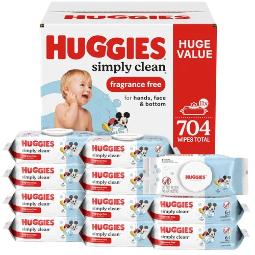 Vista 10 de Huggies Simply Clean Toallitas para Bebé Sin Fragancia, 1 Paquete con Tapa Abatible (64 Toallitas en Total), el Empaque Puede Variar