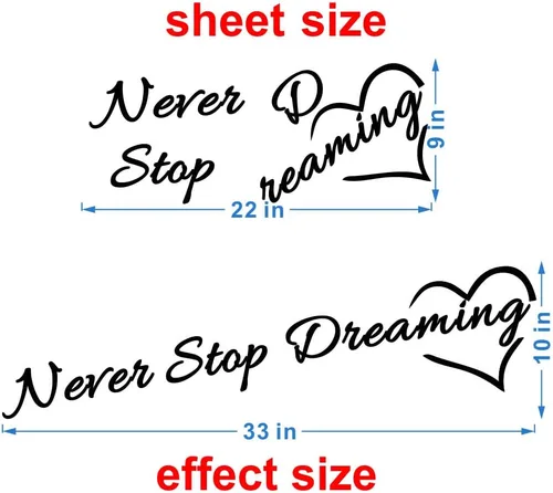 Vista 2 de Calcomanía motivacional para pared, adhesivo de PVC extraíble con frase "Never Stop Dreaming" y palabras coloridas, efecto de 33 x 10 pulgadas, arte