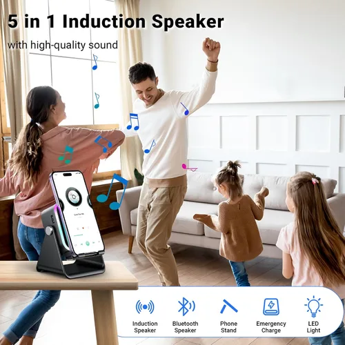 Vista 2 de Altavoz de inducción con soporte para teléfono 5 en 1 Audio inalámbrico de inducción Bluetooth para iPhone Android Altavoz con amplificador con luz