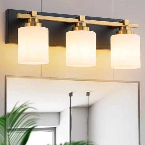 Vista 13 de 1 Luminaria Moderna de Baño sobre Espejo, Luces de Tocador Negro Dorado para Apliques de Pared de Baño con Pantallas de Vidrio Blanco Lechoso