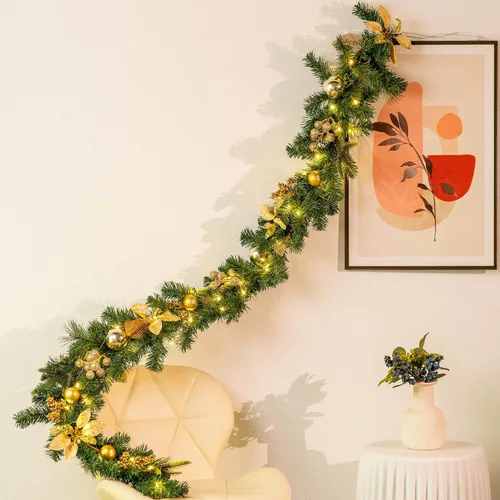 Vista 6 de YULETIME - Guirnalda de Navidad iluminada de 1,8 m, funciona con pilas con 20 luces de hadas artificiales, bolas doradas, bayas, flor de pascua