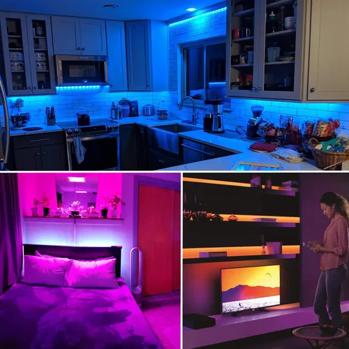 Vista 5 de Tira de luces LED de 50 pies (15 m), kit de iluminación regulable, flexible, de 450 LED RGB, 110 V, impermeable, con conectores macho y hembra