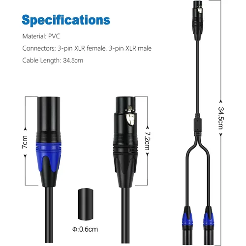 Vista 2 de LanSenSu XLR hembra a 2 XLR macho Patch Y cable, cable divisor de micrófono equilibrado, adaptador de audio, 11.8 pulgadas (paquete de 2)