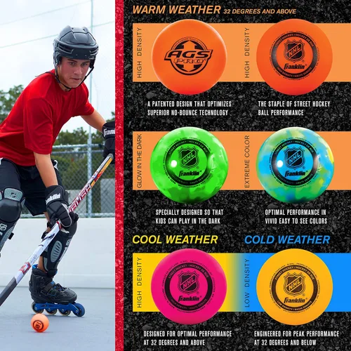 Vista 6 de Franklin Sports - Pelotas de hockey callejero NHL - Sin rebote para uso en exteriores y en patines - Tamaño oficial para hockey callejero juvenil