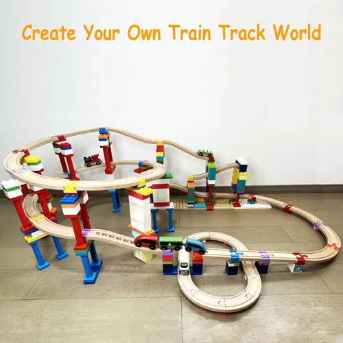 Vista 6 de Accesorios de madera para rieles de tren, 16 piezas de conectores de madera para riel, compatibles con todas las marcas principales, regalo