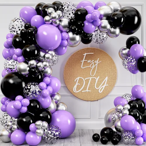 Vista 2 de Kit de guirnalda y arco de globos morados y negros todo en 1, globos pequeños y grandes, morado, negro y plateado, decoraciones de fiesta