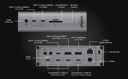Vista 3 de CalDigit TS5 Thunderbolt 5 Dock - Fuente de alimentación de 15 puertos
