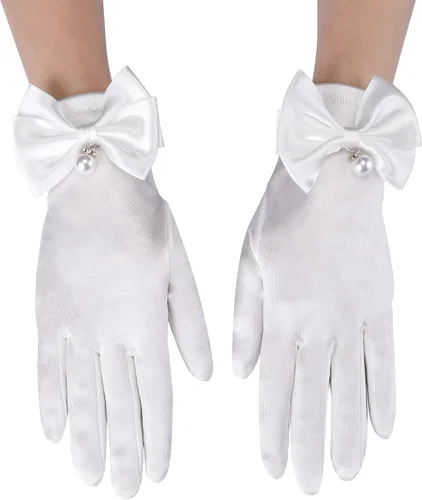 Vista 5 de Ayliss Guantes de boda de novia para mujer, guantes cortos de ópera de satén, guantes de vestido de muñeca de perla, guantes florales de fiesta