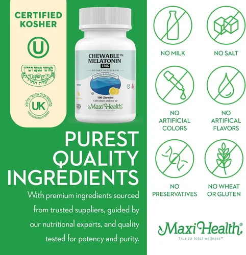 Vista 5 de Maxi Health Melatonina masticable, sabor a limón kosher, melatonina para adultos y niños, ayuda natural para adultos y niños, alternativa a la dosis