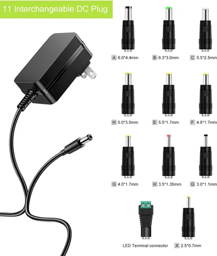 Vista 2 de Adaptador de CA de fuente de alimentación 9V para dispositivo electrónico 100mA-2000mA 11 Interchangeable DC Tips, 6 Ft Power Cord, 9 Volt 2 Amp