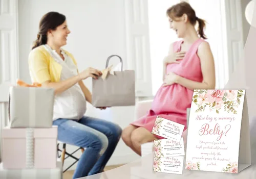 Vista 5 de Juego bohemio para baby shower, con texto en inglés "How Big Is Mommy's Belly Baby Show", decoraciones de baby shower, género neutro, mide