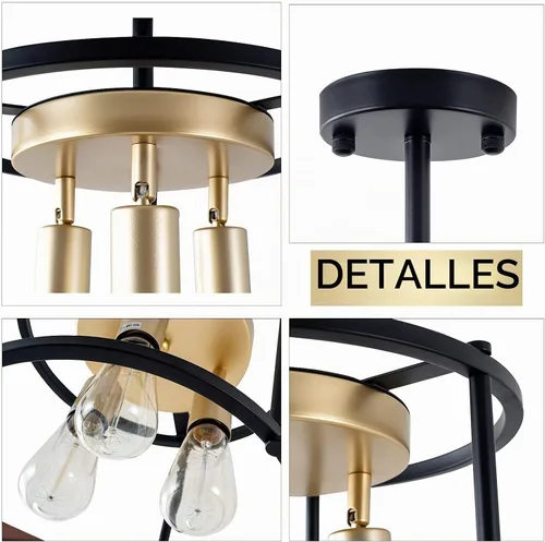 Vista 8 de Lámpara de techo industrial semiempotrada, lámpara de techo negra vintage de 3 luces con enchufe ajustable, lámpara rústica de metal para cocina