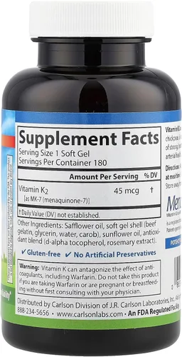 Vista 2 de Carlson Labs Vitamina K2-7 45 MCG Suplemento mineral Softgels, 180