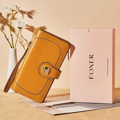 Vista 6 de FOXLOVER Cartera de pulsera de diseño para mujer, de gran capacidad, para mujer, con bloqueo RFID, tarjetero de cuero