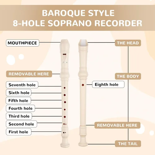 Vista 3 de SWAN Grabadora soprano para estudiantes principiantes – Flauta de 8 agujeros desmontable 3 piezas ABS descante grabadores con varilla de limpieza