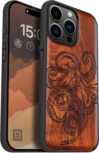 Vista 14 de Carveit Funda de madera para iPhone 15 Pro Max, calendario azteca, cereza