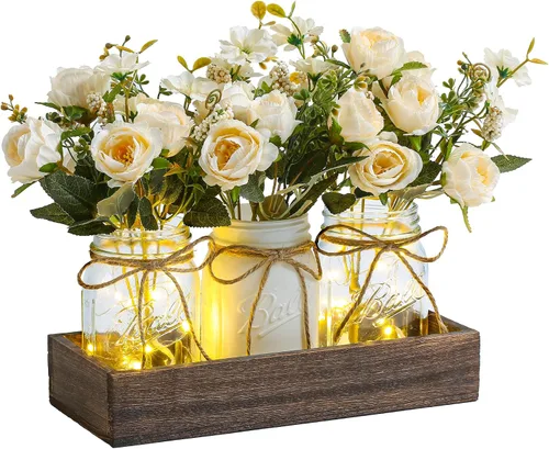 Vista 9 de 3 Piezas Centro de Mesa con Tarro de Conservas Decoraciones para Comedor, Mesa de Café de Granja con Bandeja de Madera y Luz LED, Centros de Mesa
