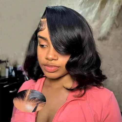 Vista 2 de Peluca Bob de Cabello Humano 4x4 Pelucas de Encaje Frontal sin Pegamento Cabello Humano Pre Arrancado Bob Corto Body Wave Pelucas de Cierre
