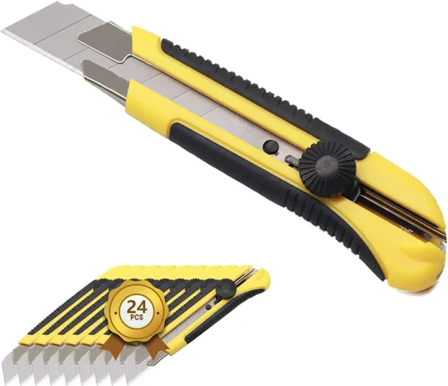 Vista 6 de Cuchillo utilitario resistente de 0.984 in, cortador de caja con 10 cuchillas retráctiles SK-5, cortadores a presión con agarre de goma para cartón