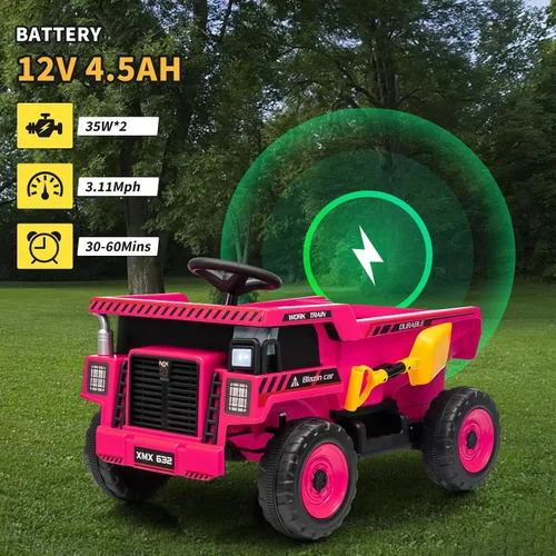 Vista 2 de Camión volquete eléctrico de 12 V para niños, vehículos de construcción de 4 ruedas con control remoto, cama de basura, pala, luces LED, música Rosa