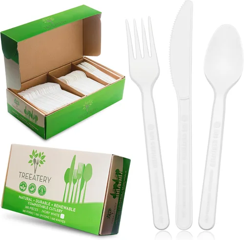 Vista 11 de Juego de cubiertos compostables, utensilios compostables a base de plantas, cubiertos compostables aptos para lavavajillas, cubiertos desechables