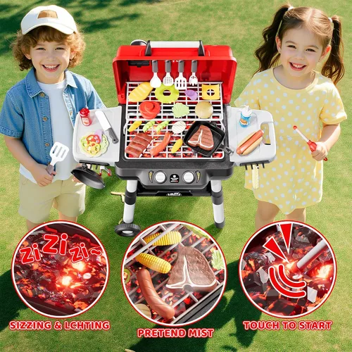 Vista 6 de Juguetes de cocina para niños, juego de parrilla BBQ para niños, juguete de barbacoa de 2 niveles con ruedas, sonido de humo y luz, juego