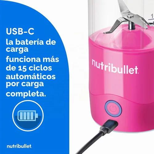 Vista 3 de NutriBullet Licuadora portátil, inalámbrica, recipiente de 20oz, licuadora personal, recargable por USB-C, rosa brillante, NBPB50100BP