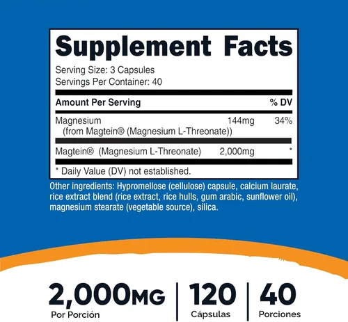 Vista 2 de Nutricost L-treonato de magnesio como Magtein 2000 mg, 120 cápsulas - Sin OGM, sin gluten, apto para vegetarianos