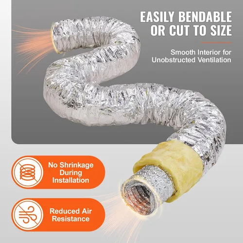 Vista 12 de VEVOR - Conducto flexible aislado de 6 pulgadas x 25 pies R-4.2, manguera HVAC de 3 capas de eficiencia energética con 2 abrazaderas para conductos