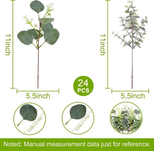 Vista 2 de Yoratee Tallos de eucalipto artificiales, 24 tallos mixtos de eucalipto, hojas de dólar plateadas con semillas blancas, plantas verdes, ramo