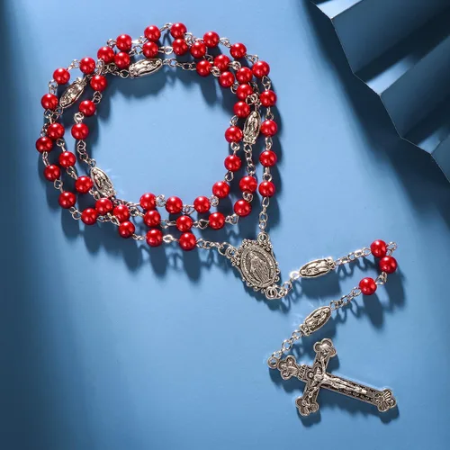 Vista 2 de Rnivida Collar de rosario de cuentas católicas con rosario de la Virgen María con crucifijo de Jesús, medalla de María milagrosa, rosario, regalos
