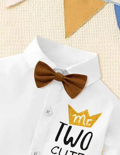 Vista 8 de AGAPENG Traje de primer cumpleaños para niño Mr Onederful First Gentleman Bowtie Mameluco con tirantes y sombrero de corona