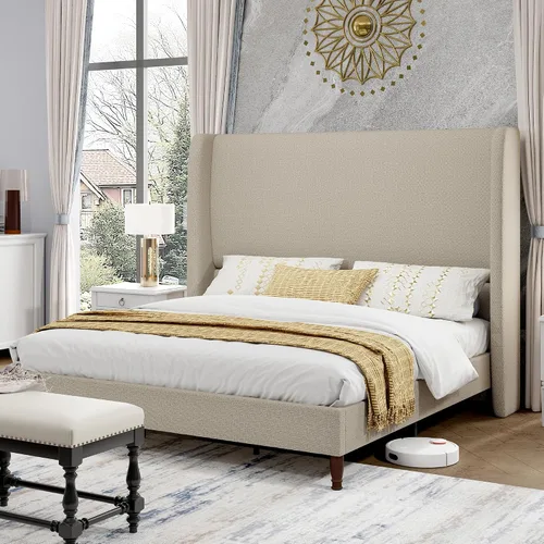 Vista 14 de PaPaJet Base de cama King tapizada de lino de 51.2 pulgadas de alto, color Gris oscuro