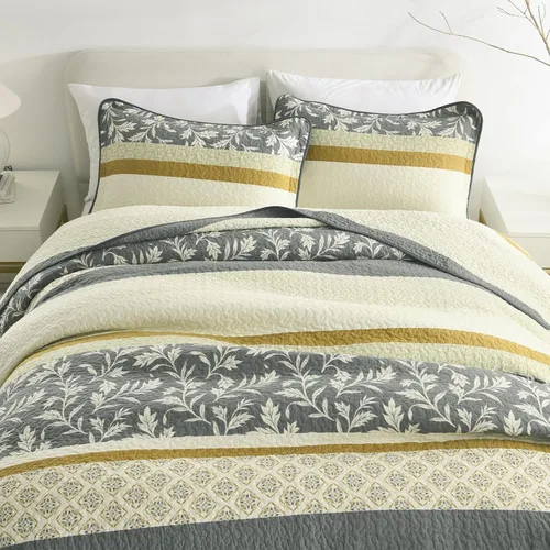 Vista 5 de Finlonte Juego de edredón tamaño Queen 100% algodón, ligero, suave, color gris, beige, vintage, acolchado, a rayas, floral, reversible, juego