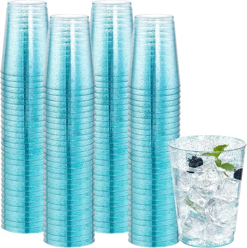 Vista 11 de DaYammi Paquete de 100 vasos de plástico dorados de 16 onzas, elegantes vasos de plástico transparente con borde dorado, desechables, copas de vino