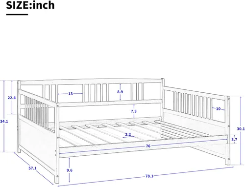 Vista 2 de Sofá cama de madera maciza de tamaño matrimonial, marco multifuncional para dormitorio/sala de estar, con soporte de tablas/espacio de Blanco Clásico