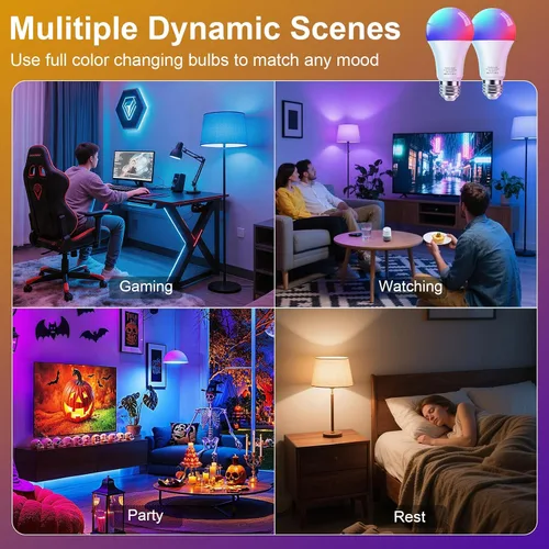 Vista 7 de FRIDEKO HOME Bombillas inteligentes – Bombilla LED regulable que cambia de color para el hogar, funciona con sincronización de música Bluetooth