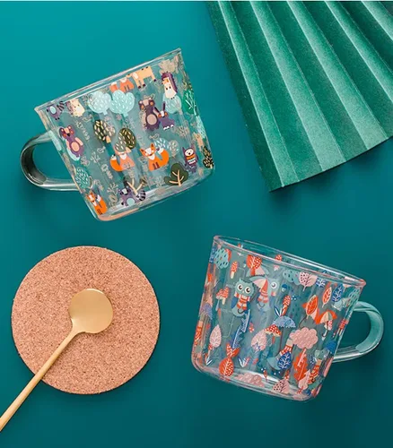 Vista 4 de JHTPSLR Taza de vidrio transparente con asas para fiesta del bosque, 17 onzas, bonita, taza de vidrio con osos, zorro, búho, ardilla, alce, hongos