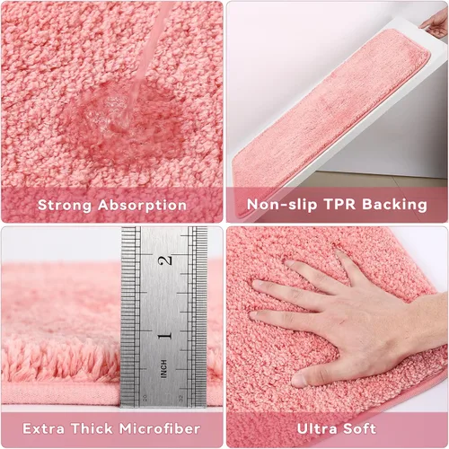 Vista 4 de Juego de accesorios de baño rosa con cortina de ducha y alfombras con purpurina, juegos de baño con alfombras de baño extrasuaves y absorbentes