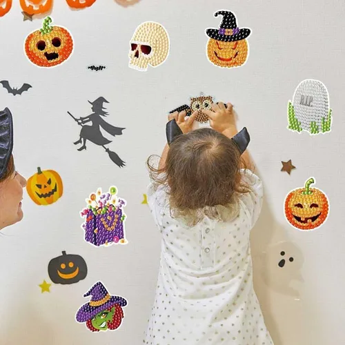 Vista 7 de MEGZIHXN Kit de calcomanías artísticas de diamantes para niños, calabaza de Halloween, gato negro, araña, bolsa de regalo, fantasma, piao, pintura