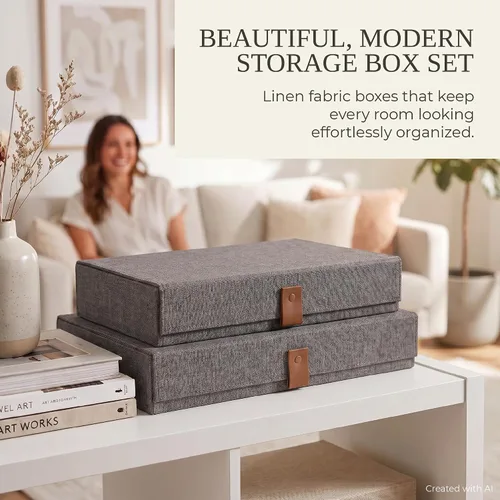 Vista 7 de Cajas Decorativas de Almacenamiento de Fotos con Tapas - Juego de 2 Hermosos Organizadores de Lino Son Perfectos para Almacenar de Forma Segura Tus