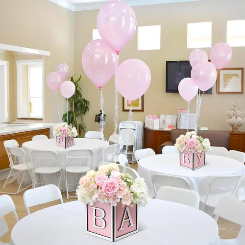 Vista 6 de Juego de 4 centros de mesa de baby shower para mesas, cajas de madera de 6 pulgadas con letras de bebé, cubos rústicos, bloques de madera para Rosa
