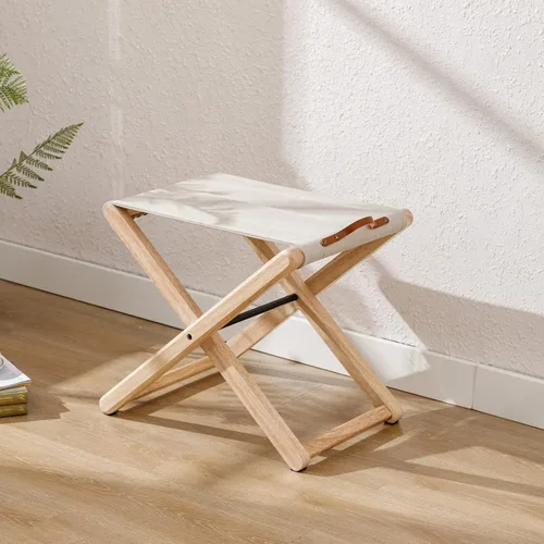 Vista 6 de Juego de 2 taburetes plegables de madera, de madera dura, de 18.5 pulgadas, taburete plegable portátil de pesca con soporte de metal resistente