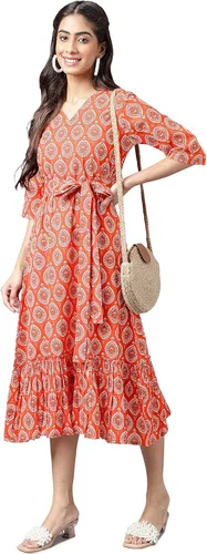 Vista 3 de Janasya Vestido con volantes estampado de motivos étnicos de algodón naranja para mujer india