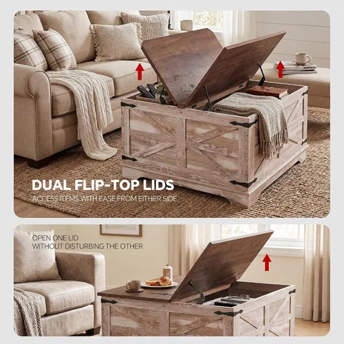 Vista 4 de senlin Mesa de café de casa de campo, mesa de café resistente con almacenamiento, mesa central cuadrada de madera con compartimento
