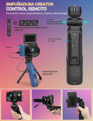 Vista 3 de Cámara de vlogging 4K con kit de accesorios para creadores con lente gran Negro